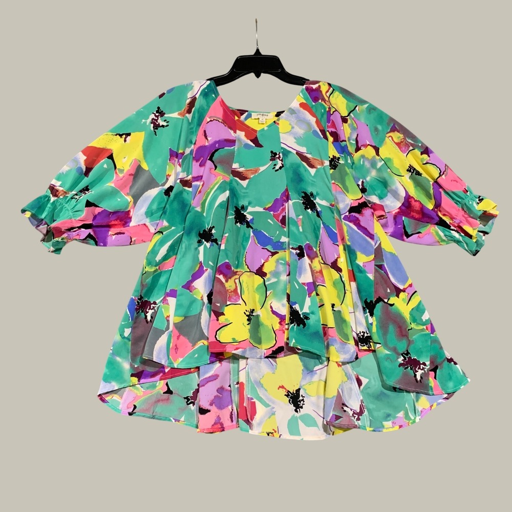 Umgee Floral Blouse Womens Medium V-Neck High-Low Balloon Sleeve Watercolor